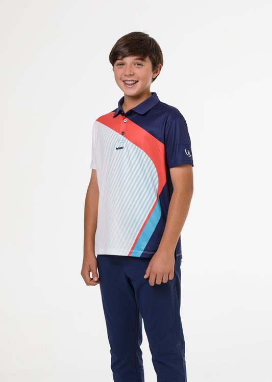 Golf polo shirt in blue and coral colourblock for boys