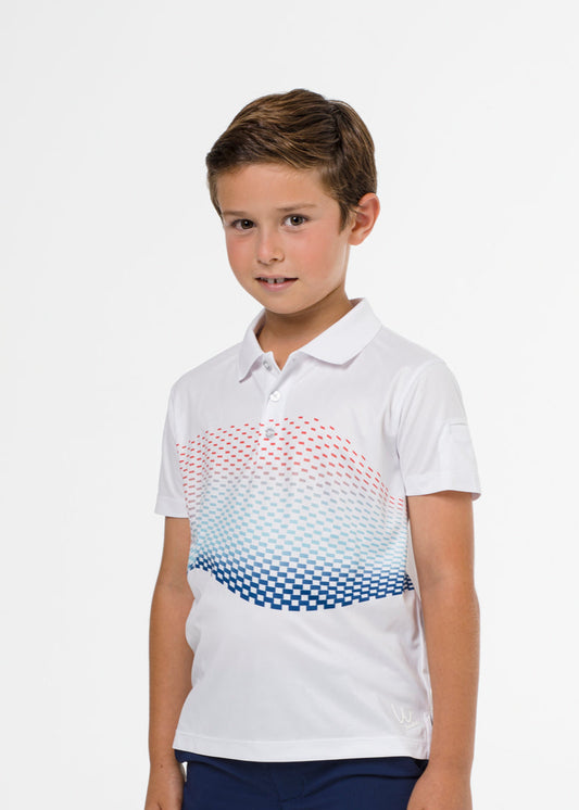 White golf polo shirt with geometric print for boys