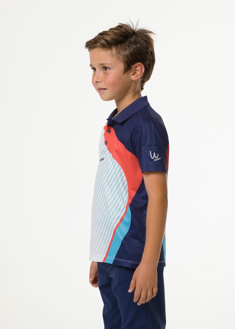 Golf polo shirt in blue and coral colourblock for boys