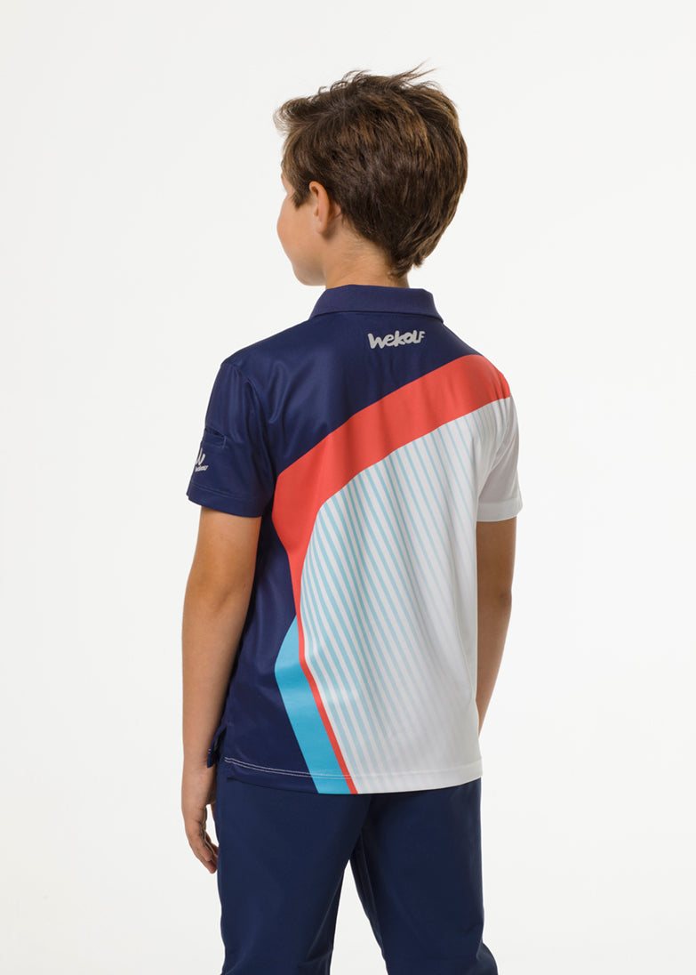 Golf polo shirt in blue and coral colourblock for boys