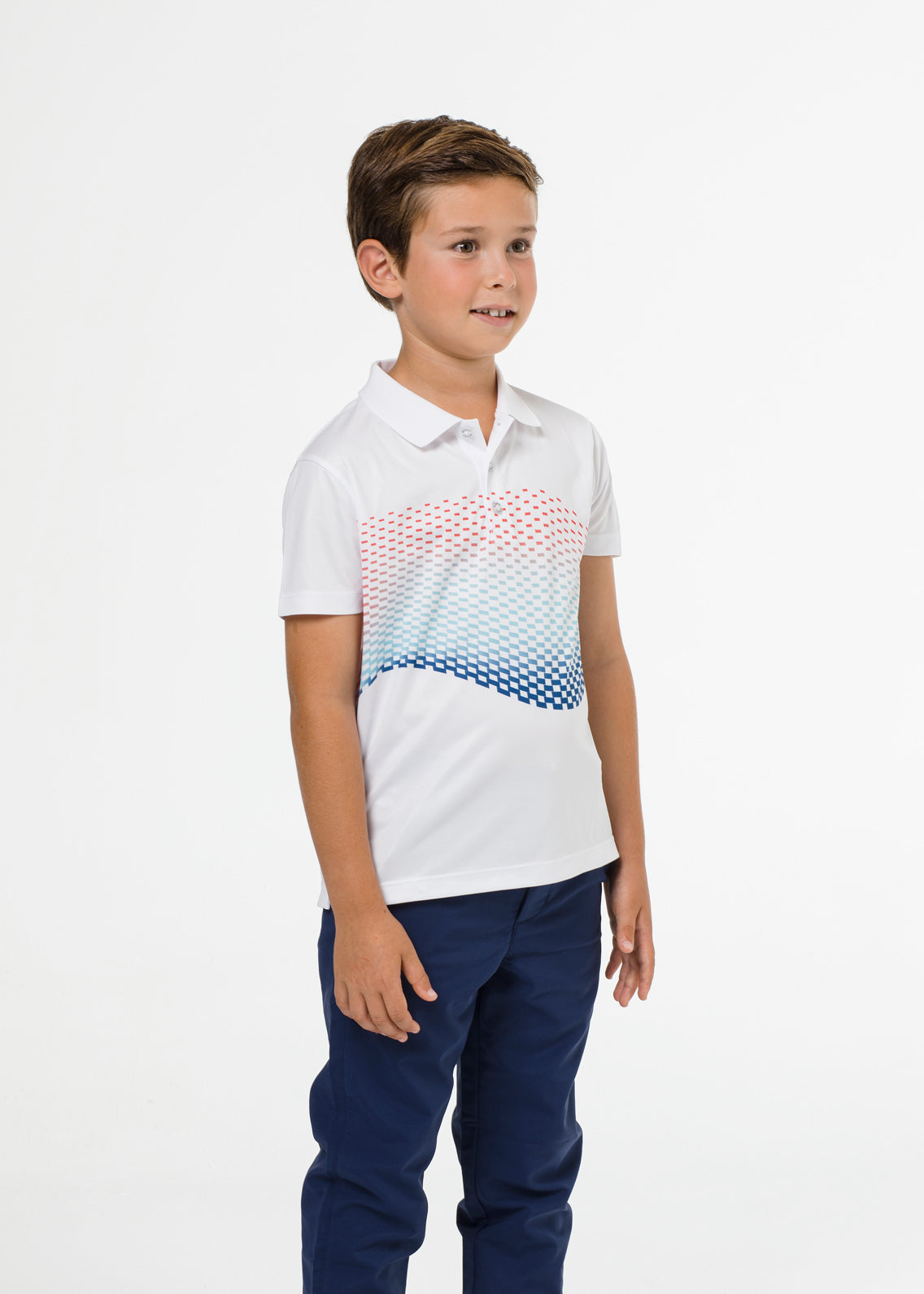 White golf polo shirt with geometric print for boys
